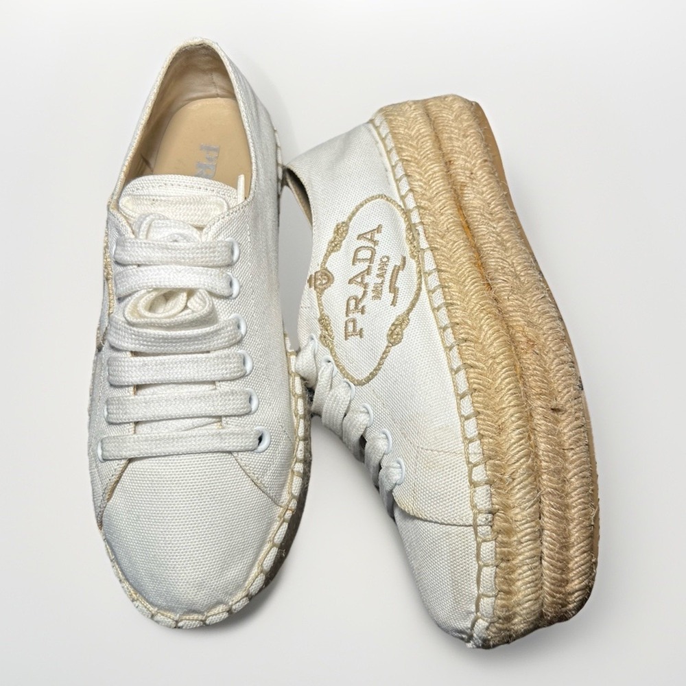 PRADA Leather Logo Lace Up Platform Flat Espadrille Sneakers Tariners Shoes $750